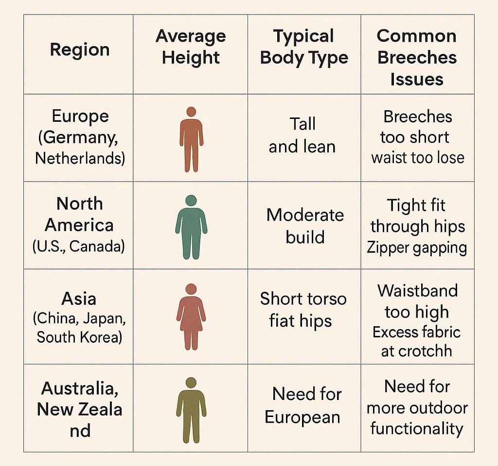 Table comparing regional differences in riding breeches fit showing average height typical body type and common fit issues for Europe North America Asia and AustraliaNew Zealand with colored human icons Table comparing regional differences in riding breeches fit showing average height typical body type and common fit issues for Europe North America Asia and AustraliaNew Zealand with colored human icons